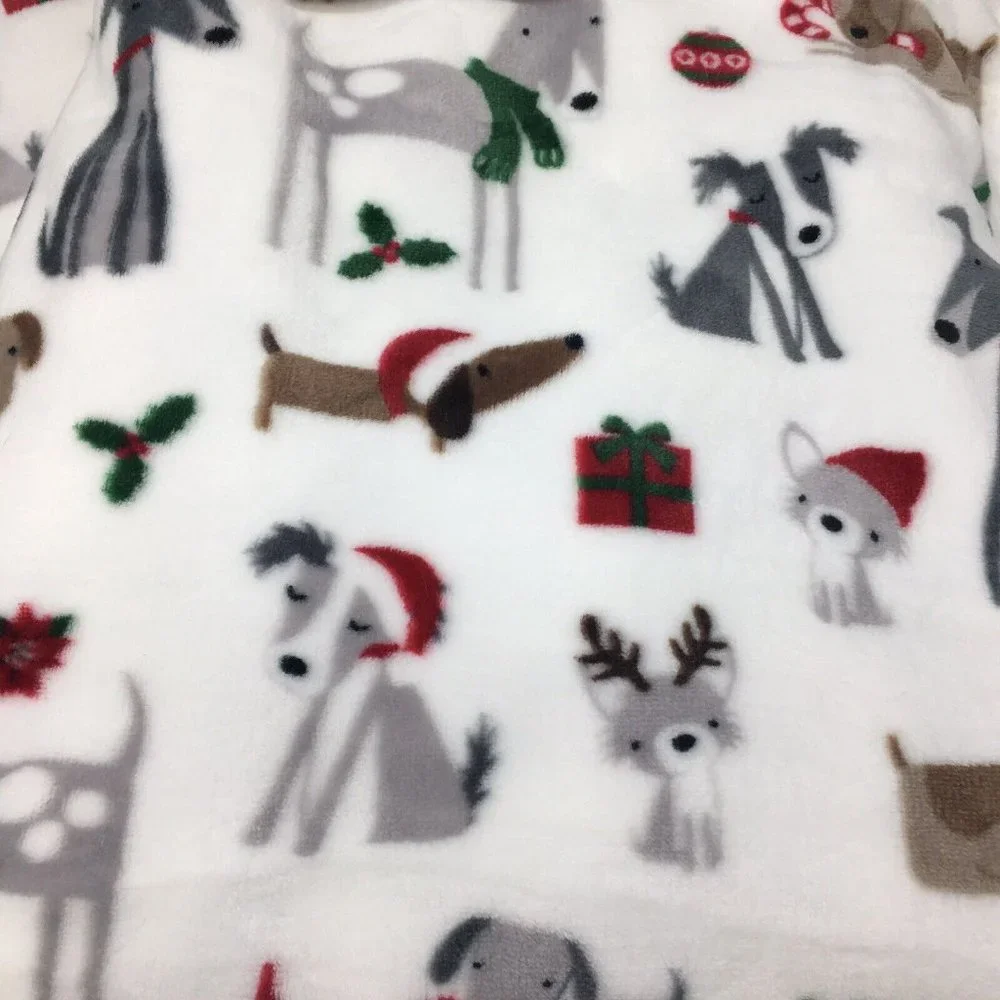 Cynthia Rowley Christmas Dogs Throw Blanket Santa Hat Reindeer Antler Candy Cane